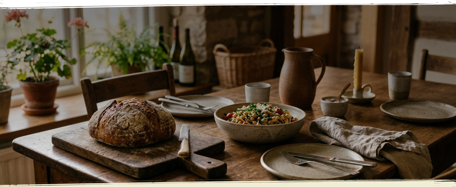 A rustic dinner table set with gluten-free bread and pasta in warm window light