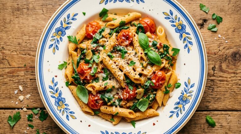 Weeknight Banza Penne with Blistered Tomatoes and Spinach