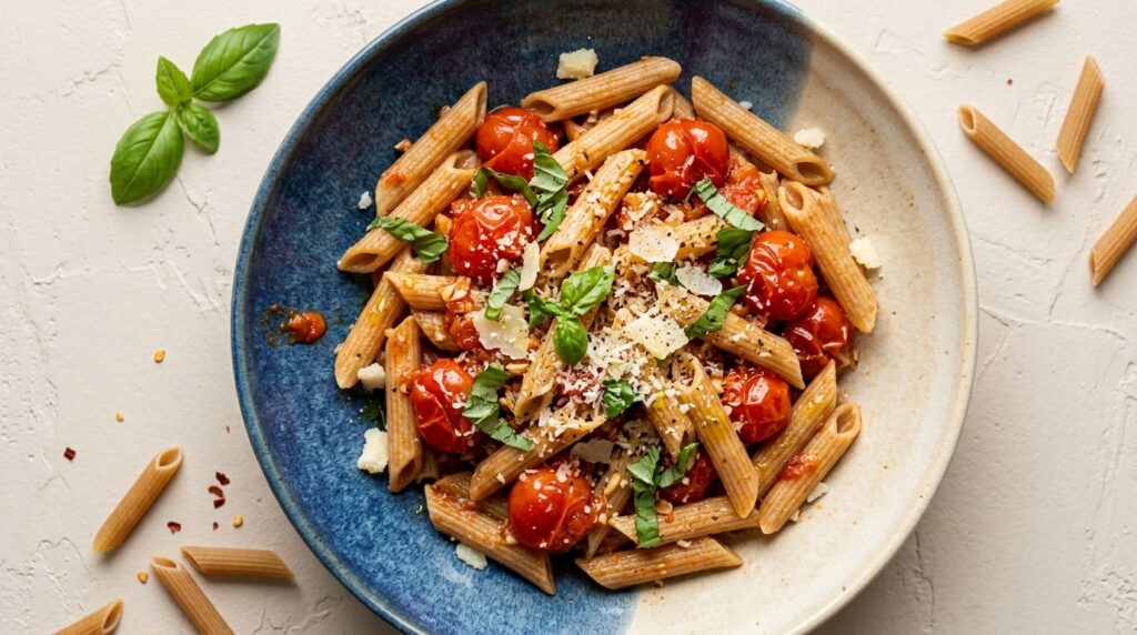 A plate of Jovial brown rice penne with meat sauce on an everyday kitchen counter