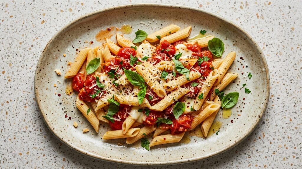 A bowl of Ancient Harvest gluten free penne with tomato sauce on a kitchen counter