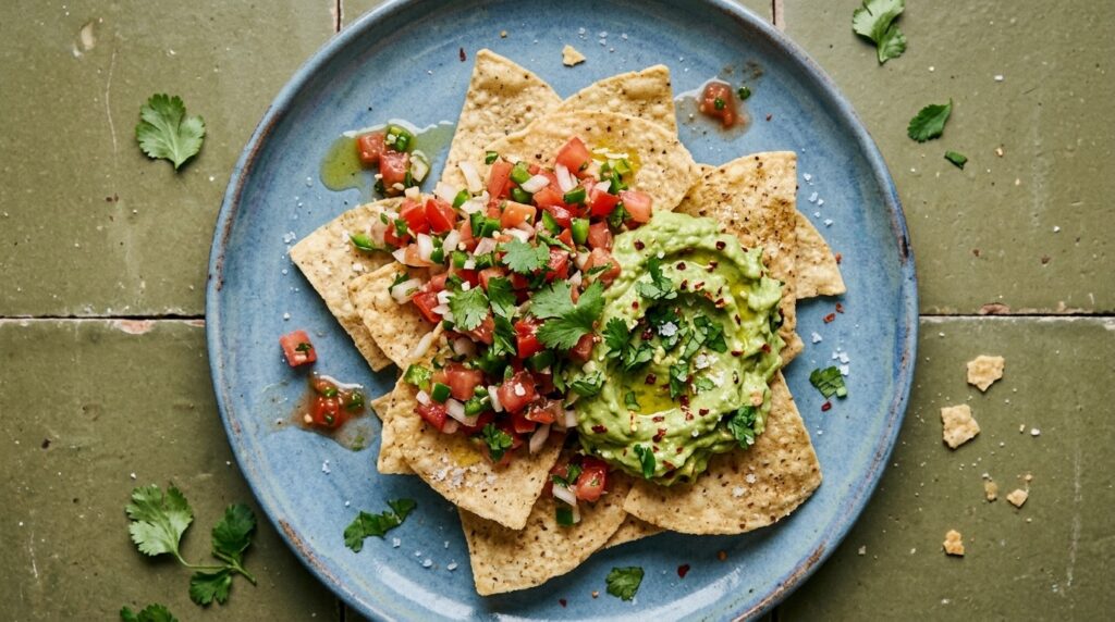A plate of Siete grain free tortilla chips with salsa and guacamole