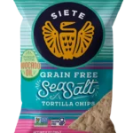 Siete Grain Free Sea Salt Tortilla Chips bag, made with avocado oil, certified gluten free